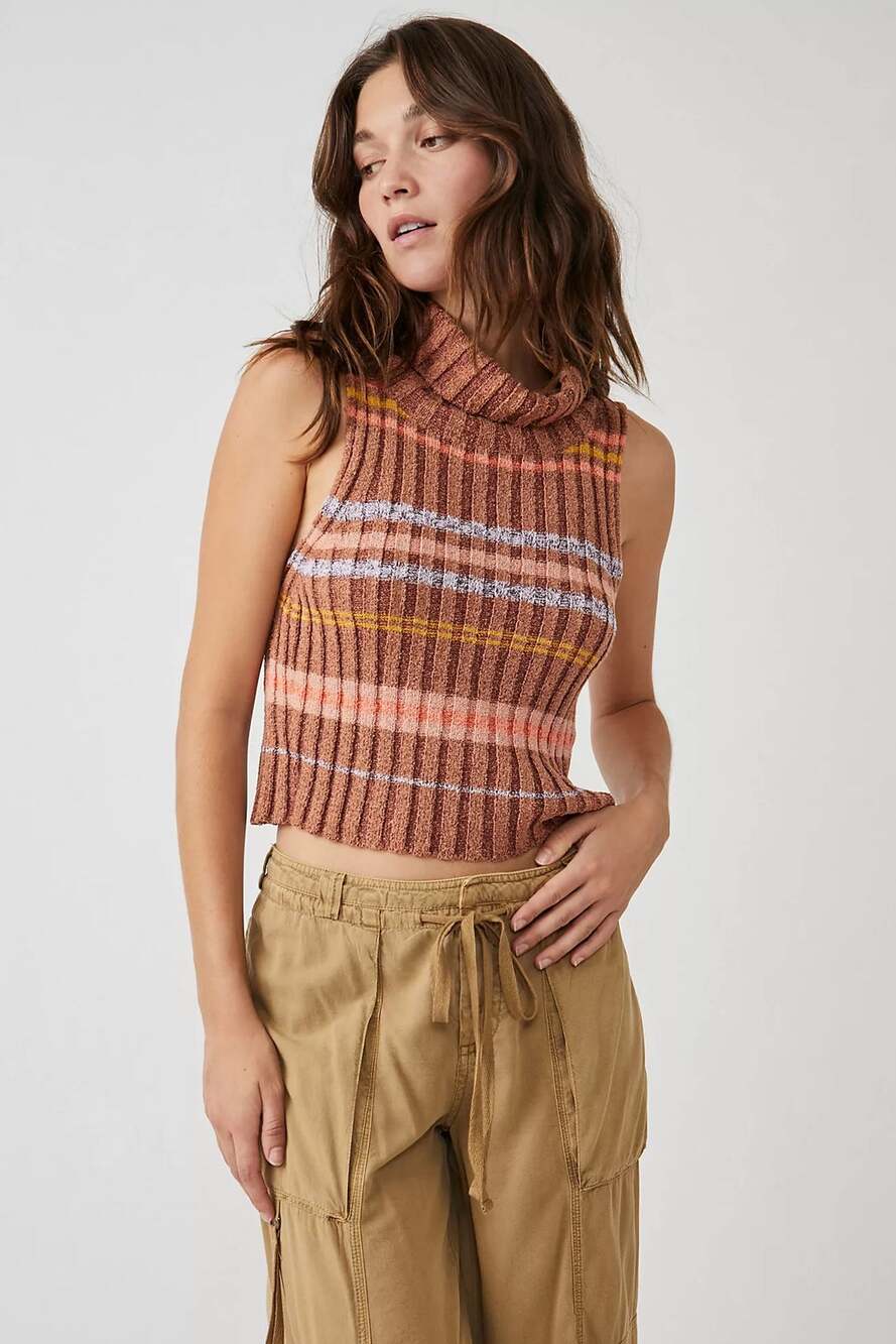 Free People Mockneck Ribbed Stretchy Brown Striped Tank Top Sweater Size M